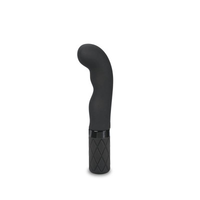 Vibrador preto curvo com cabo texturizado em fundo branco