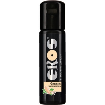 Frasco preto de lubrificante EROS com texto GINSENG WATERBASED e ilustração de ginseng