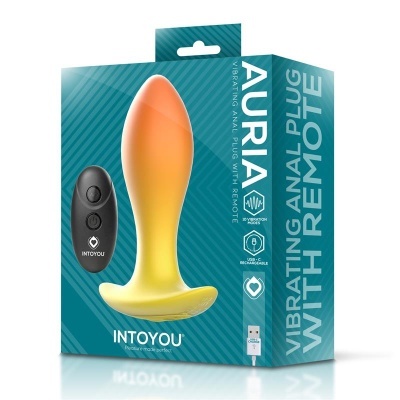 Embalagem com plug anal vibratório Auria em cores laranja e amarelo e comando remoto preto