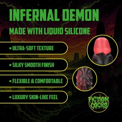 Imagem publicitária do produto INFERNAL DEMON em silicone líquido com textura macia e acabamento suave