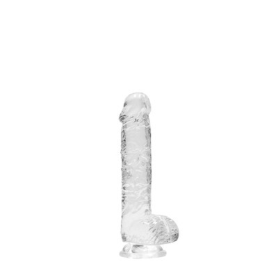 Dildo transparente com base de ventosa sobre fundo branco