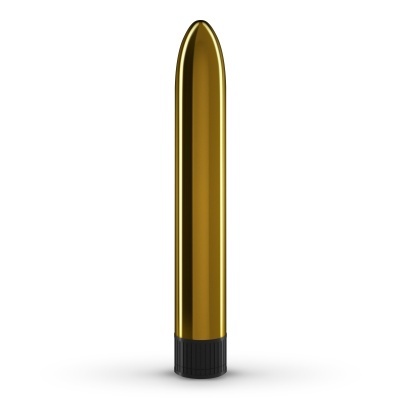 Vibrador dourado com base preta em fundo branco