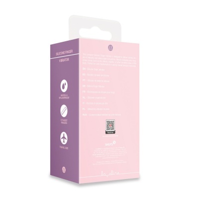 Embalagem rosa e lilás para vibrador de dedo de silicone com texto e ícones