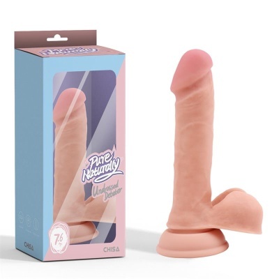 Dildo realista cor pele com base de ventosa e embalagem azul e rosa