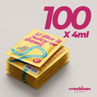 Pacotes amarelos de lubrificante pessoal com texto grande 100 x 4ml e logo crushious
