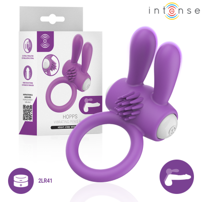 Anel peniano vibratório roxo com textura e embalagem