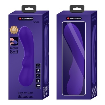Vibrador roxo em embalagem roxa com texto Super Soft Silicone e PRETTY LOVE.
