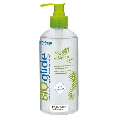 Frasco transparente de lubrificante natural BIOglide com tampa verde-limão.