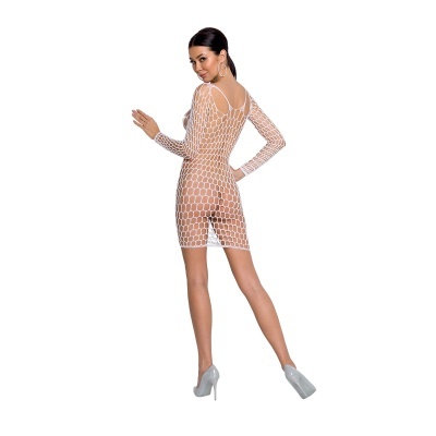 Vestido curto branco transparente com padrão de gaiola e mangas compridas