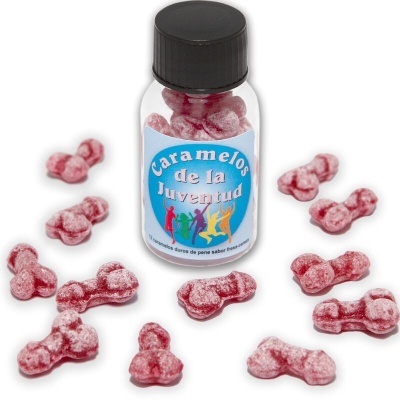 Frasco de caramelos vermelhos com formato de pénis e rótulo azul