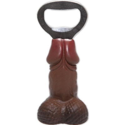 Abridor de garrafas em forma de pénis castanho com pega vermelha