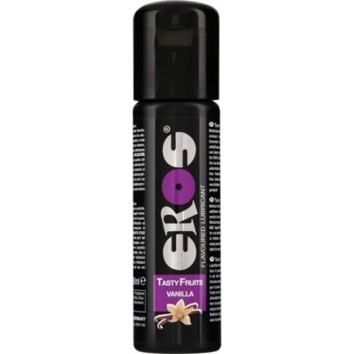 Frasco preto de lubrificante sabor baunilha EROS com rótulo roxo e branco
