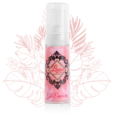 Frasco de gel com rótulo rosa e branco e texto Liona BY MOMI e Gel Euphoria