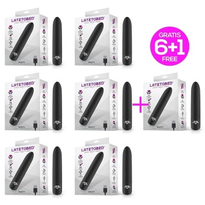 Sete vibradores bullet pretos com embalagens brancas da marca LATE TO BED e texto GRÁTIS 6+1 FREE