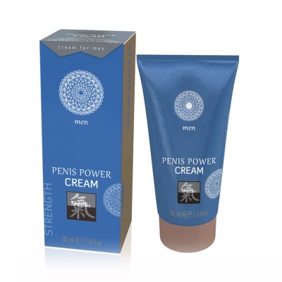 Creme azul para homens com embalagem e texto Penis Power Cream.