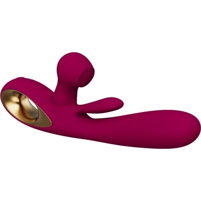 Vibrador vinho em silicone com detalhes dourados e botões de controlo