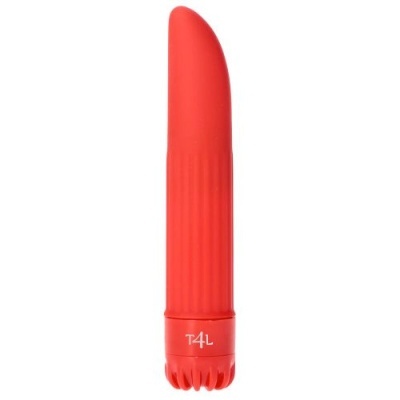 Vibrador vermelho de silício com textura e base arredondada com texto T4L