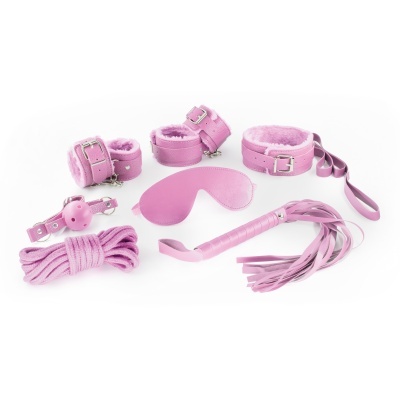 Conjunto de acessórios de bondage cor rosa com algemas, venda, corda, mordaça e flagelo