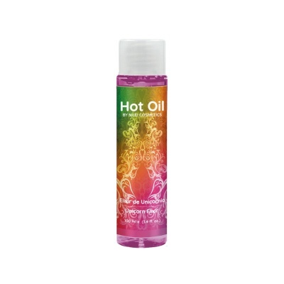 Frasco com óleo para cosméticos colorido e texto do produto