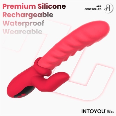 Produto vibrador vermelho em silicone com botões de controle e textura ondulada