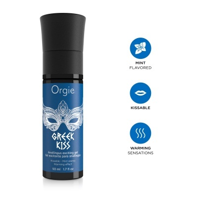 Frasco azul de gel excitante Orgie Greek Kiss com tampa preta