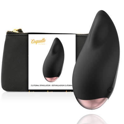 Estimulador clitoriano preto com base rose gold e bolsa preta