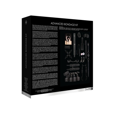 Kit de bondage avançado com acessórios em couro sintético e tecido pretos em embalagem preta