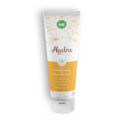 tubo de creme Hydra Plus branco e amarelo com padrão floral dourado