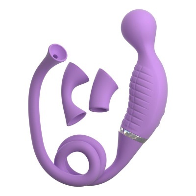 Acessórios lilás em silicone com várias formas e texturas.