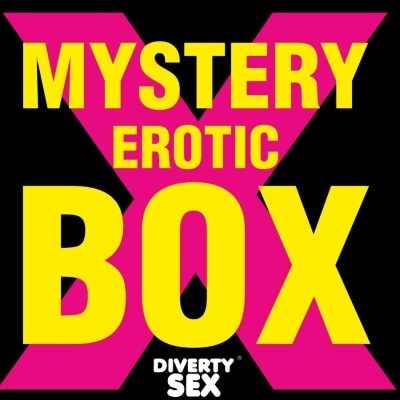 Imagem com texto MYSTERY EROTIC BOX DIVERTY SEX em amarelo e branco com fundo preto e grande letra X rosa