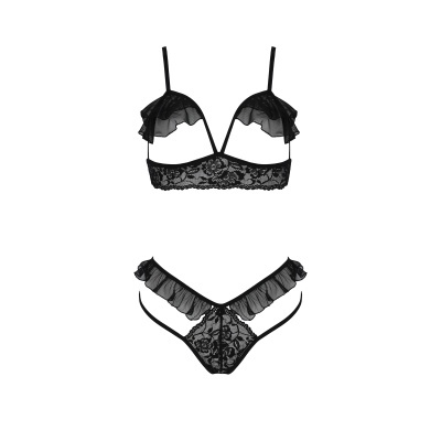 Conjunto de lingerie preto em renda e tule com detalhes franzidos sobre fundo branco