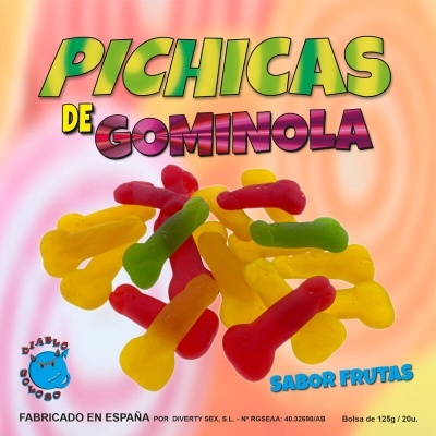 Gomas coloridas em forma de pênis com texto PICHCAS DE GOMINOLA sabor frutas