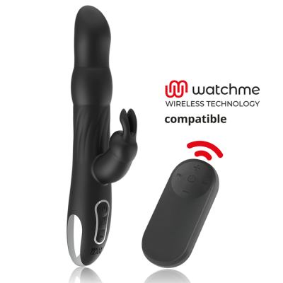Vibrador preto com estimulador em forma de coelho e comando remoto preto