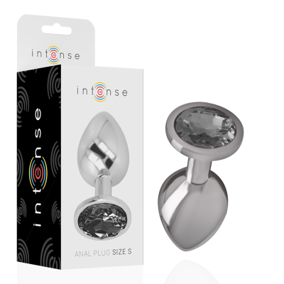 Plug anal metálico com base que tem pedra cinzenta, e embalagem Intense com texto