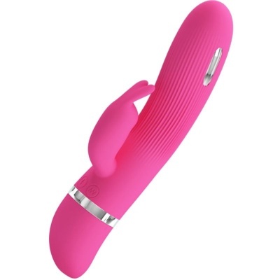 Vibrador rosa com textura estriada e detalhe prateado