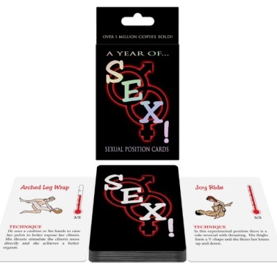 Conjunto de cartas sexuais com embalagem preta e duas cartas ilustradas com técnicas e intensidade.