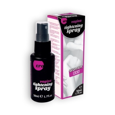 Spray vaginal de aperto com frasco preto e embalagem cartonada rosa e branca