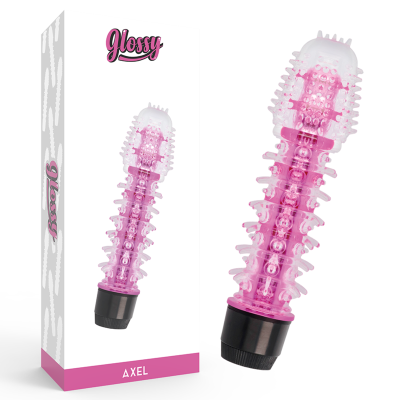 Vibrador rosa translúcido com textura e base preta e respetiva embalagem