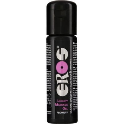 Frasco preto de gel de massagem EROS Luxury Massage Gel com texto branco e rosa