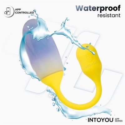 Dispositivo amarelo e azul resistente à água com texto waterproof e app controlled