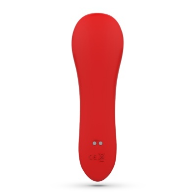 Produto vermelho com superfície lisa e detalhes cinza, com símbolos CE e de lixo interditado