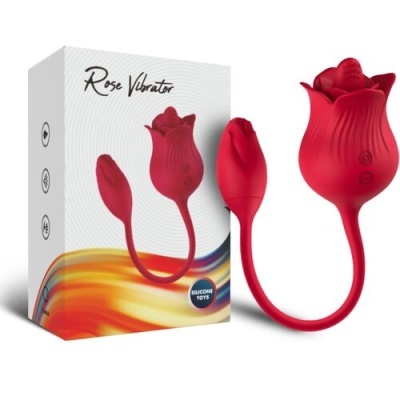 Vibrador em forma de rosa vermelho em silicone com caixa branca