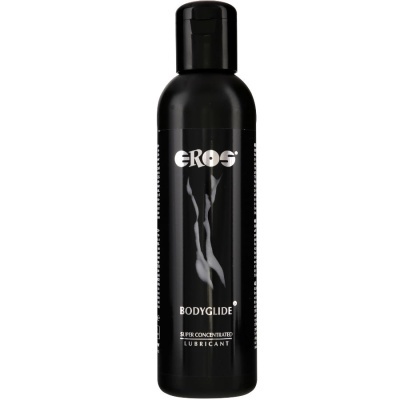 Frasco preto de Bodyglide lubrificante super concentrado com rótulo branco