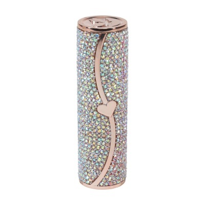 Isqueiro decorativo com cristais multicoloridos e detalhe de coração dourado-rosado