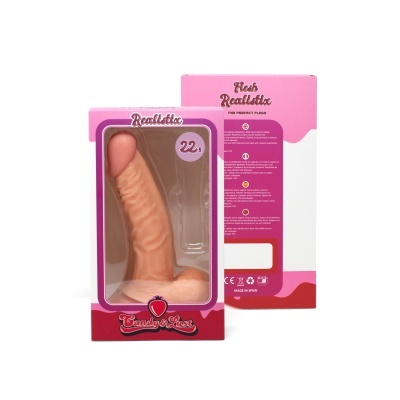 Dildo realista em embalagem rosa e roxa com texto