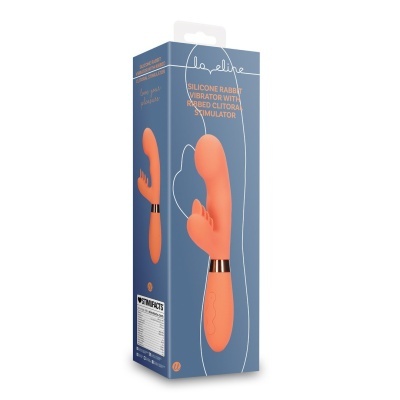 Embalagem azul com vibrador coelho silicone pêssego com estimulador clitoriano e texto