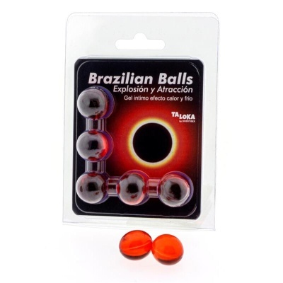 Pacote com bolas de gel vermelhas e pretas e texto Brazilian Balls