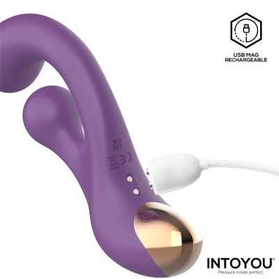 Vibrador roxo com acabamento dourado e cabo USB de carregamento