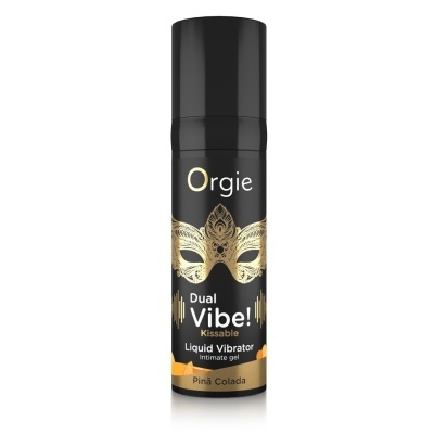 Frasco preto de gel íntimo Orgie Dual Vibe Piña Colada com design dourado