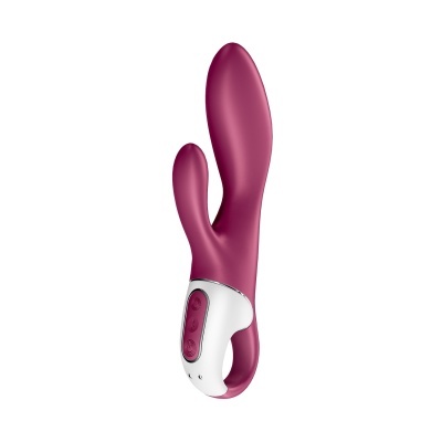 Vibrador cor-de-rosa com dupla haste e base branca com botões de controlo